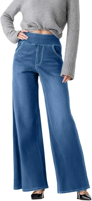 Womens Denim Pants High Waisted Stretchy Pull On Wide Leg Denim Pants with Pocket Casual Walk Outing Elegant Trousers