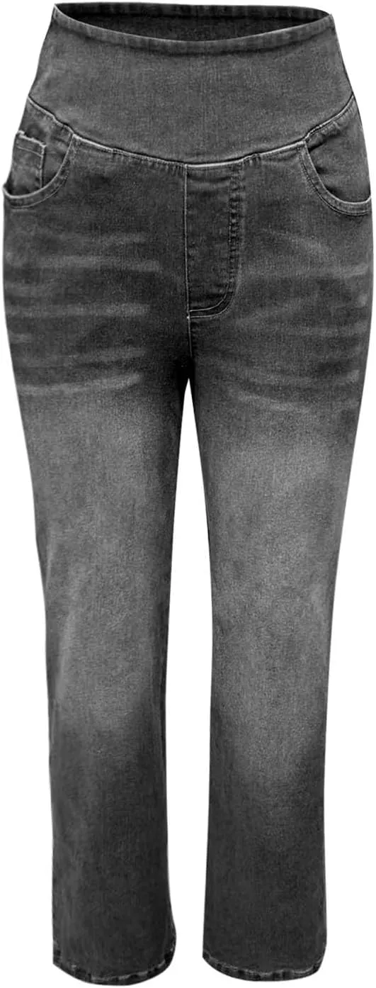 Womens Denim Pants High Waisted Stretchy Pull On Wide Leg Denim Pants with Pocket Casual Walk Outing Elegant Trousers