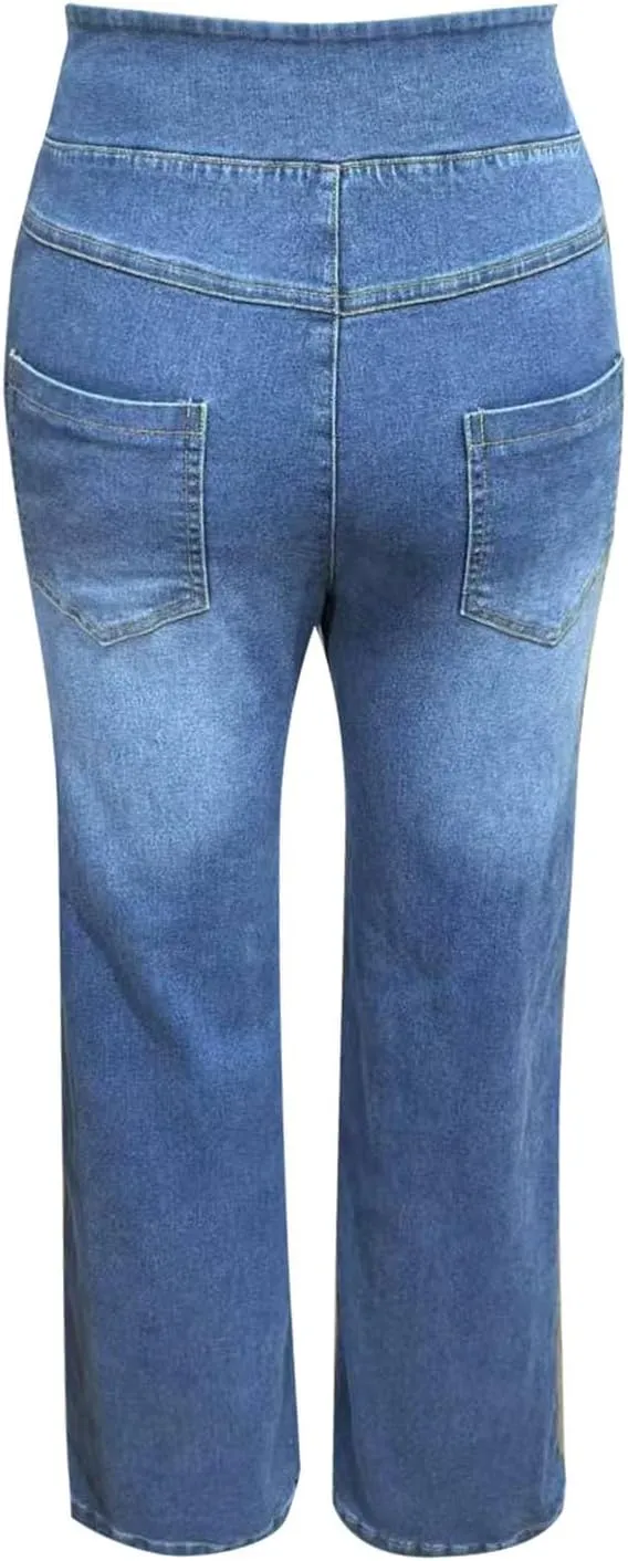 Womens Denim Pants High Waisted Stretchy Pull On Wide Leg Denim Pants with Pocket Casual Walk Outing Elegant Trousers
