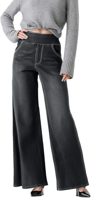 Womens Denim Pants High Waisted Stretchy Pull On Wide Leg Denim Pants with Pocket Casual Walk Outing Elegant Trousers