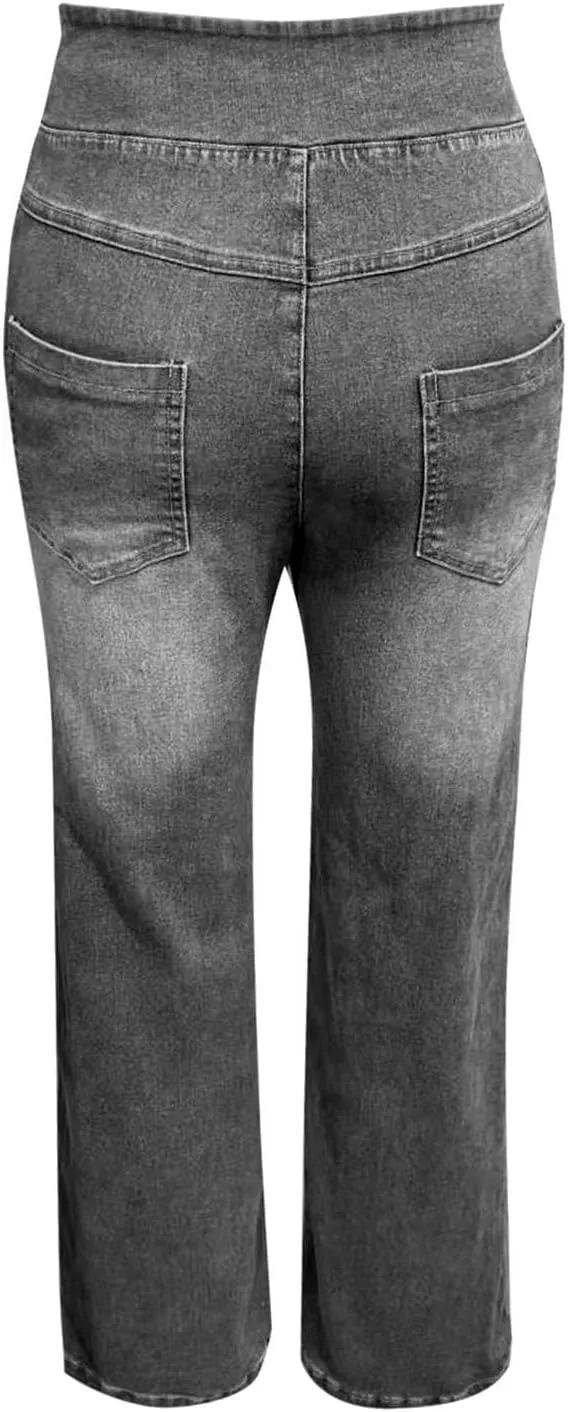 Womens Denim Pants High Waisted Stretchy Pull On Wide Leg Denim Pants with Pocket Casual Walk Outing Elegant Trousers