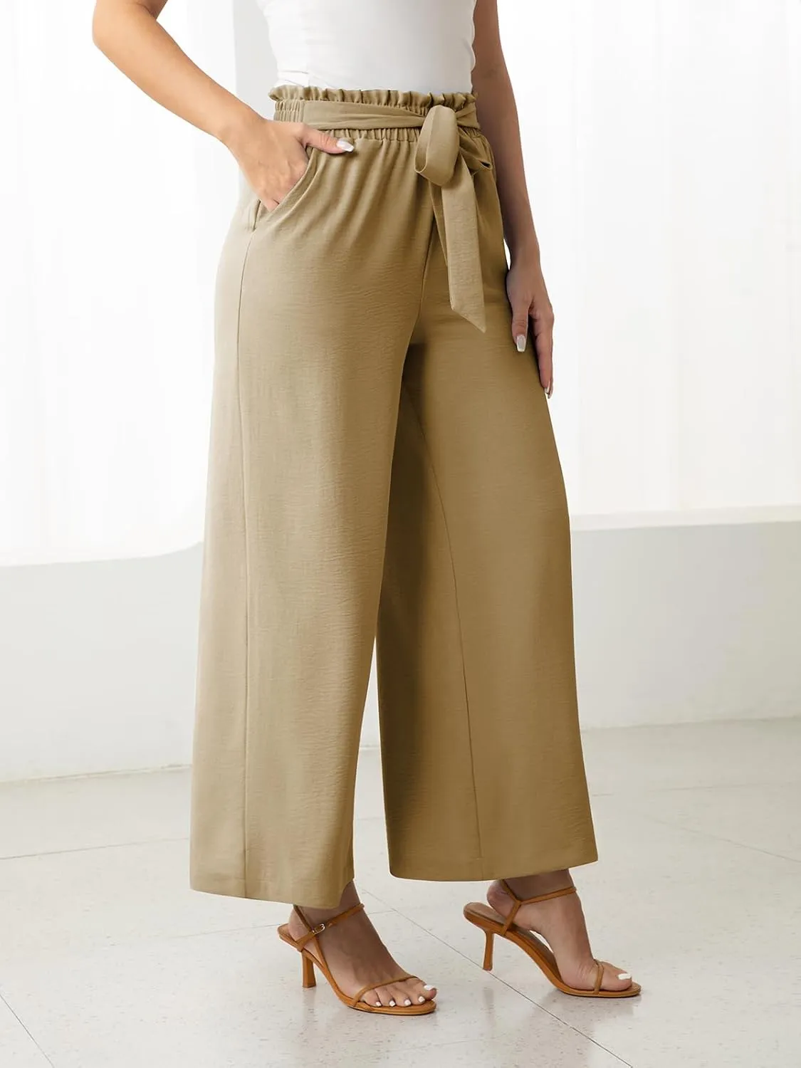 Women's Dress Pants with Pockets Stretchy High Waist Wide Leg Pants Business Casual Women Work Pants