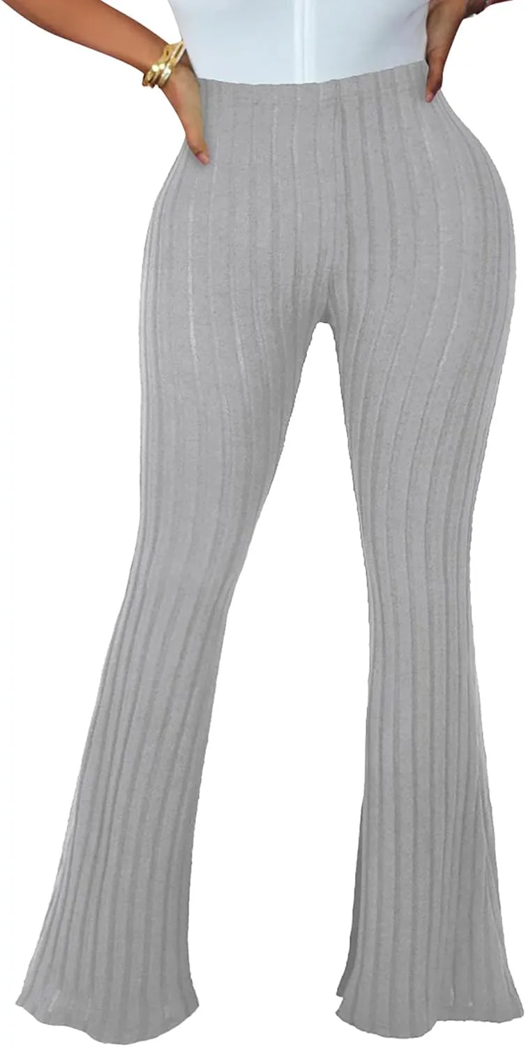 Women's Elastic High Waist Flare Pants Casual Bell Bottom Ribbed Knit Yoga Pants