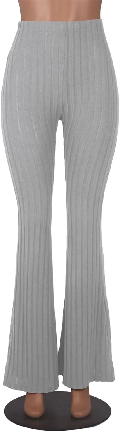 Women's Elastic High Waist Flare Pants Casual Bell Bottom Ribbed Knit Yoga Pants