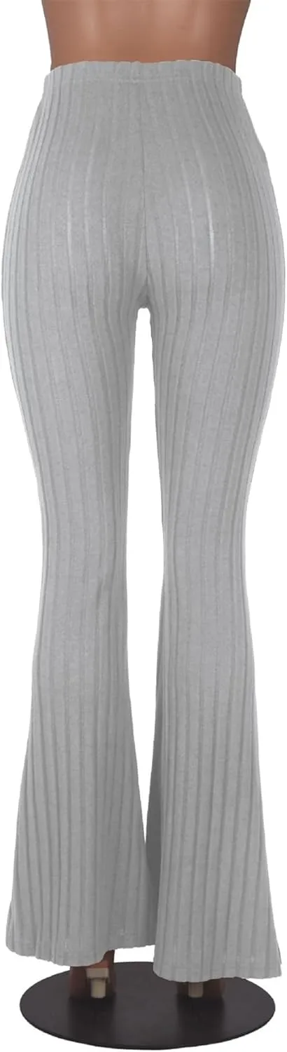 Women's Elastic High Waist Flare Pants Casual Bell Bottom Ribbed Knit Yoga Pants