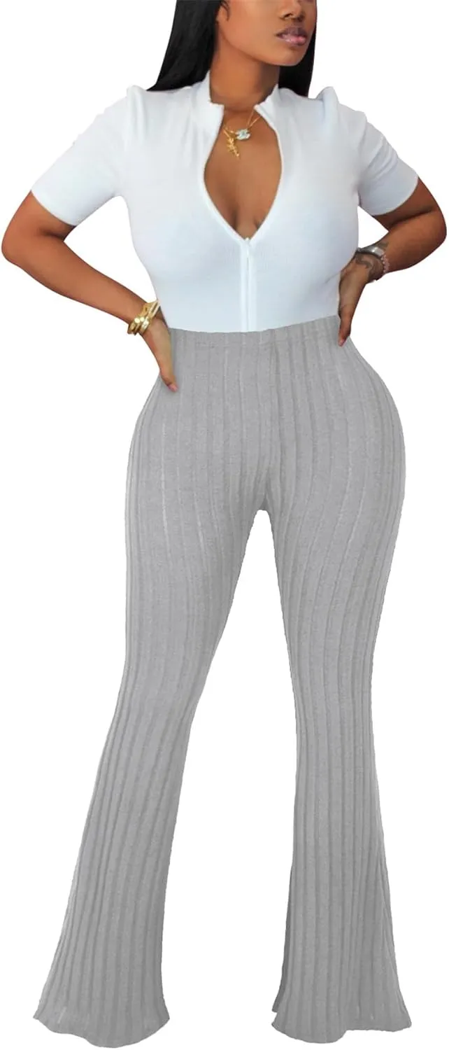 Women's Elastic High Waist Flare Pants Casual Bell Bottom Ribbed Knit Yoga Pants