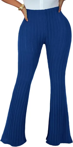 Women's Elastic High Waist Flare Pants Casual Bell Bottom Ribbed Knit Yoga Pants