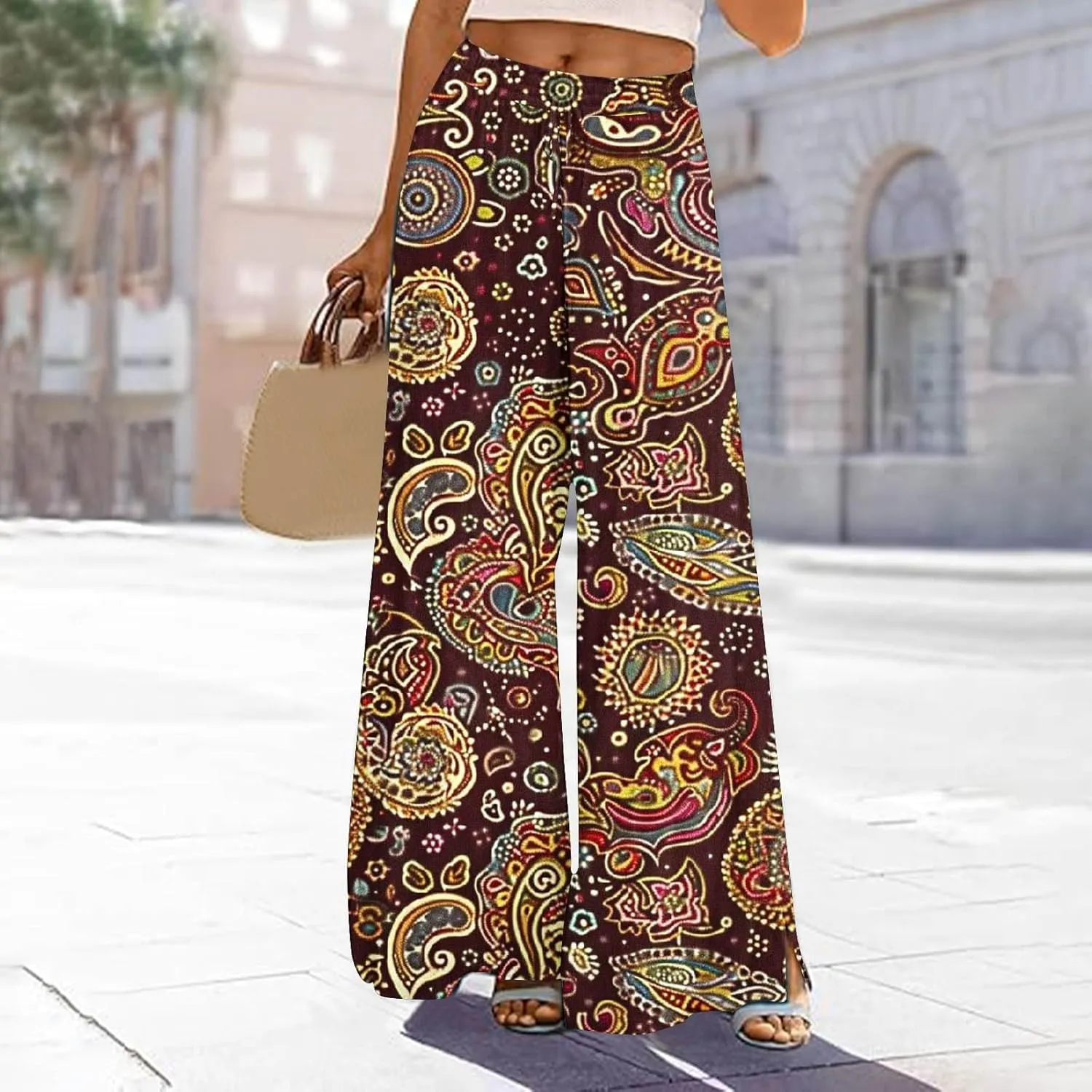 Women's Ethnic Style Palazzo Pants Vintage Boho Print Yoga Dance Pants Casual Loose Fit High Waist Wide Leg Trousers