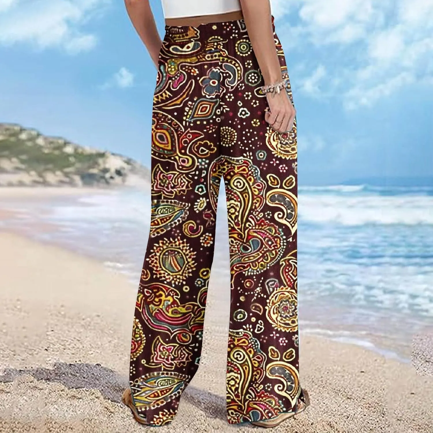 Women's Ethnic Style Palazzo Pants Vintage Boho Print Yoga Dance Pants Casual Loose Fit High Waist Wide Leg Trousers