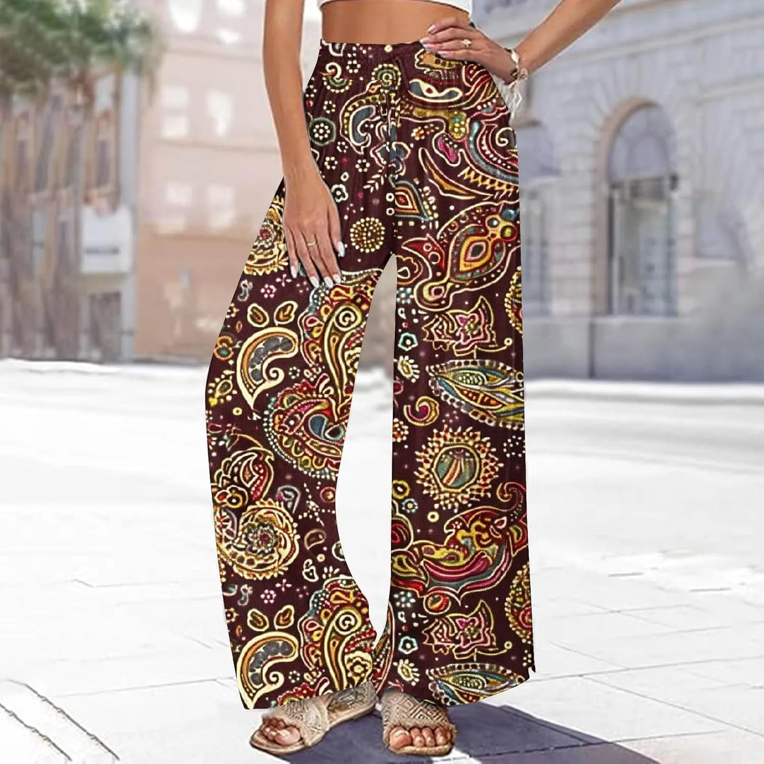 Women's Ethnic Style Palazzo Pants Vintage Boho Print Yoga Dance Pants Casual Loose Fit High Waist Wide Leg Trousers