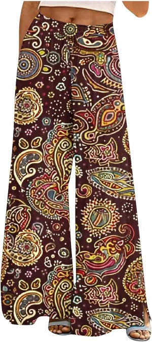 Women's Ethnic Style Palazzo Pants Vintage Boho Print Yoga Dance Pants Casual Loose Fit High Waist Wide Leg Trousers