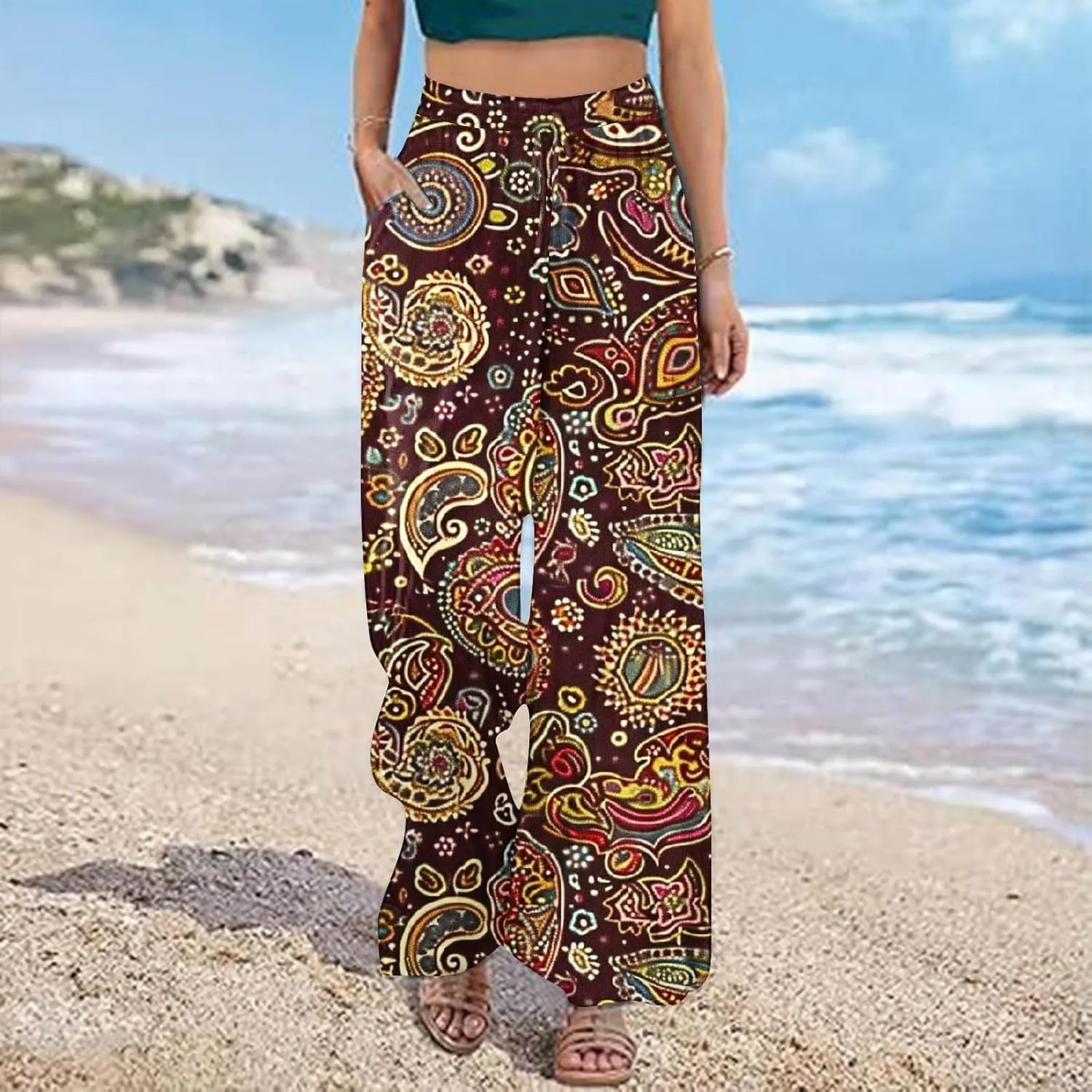 Women's Ethnic Style Palazzo Pants Vintage Boho Print Yoga Dance Pants Casual Loose Fit High Waist Wide Leg Trousers