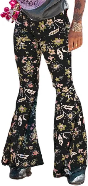 Women's Floral Print Elastic Waist Flare Pants Casual High Waist Slim Fit Long Pants Trousers Leggings Streetwear