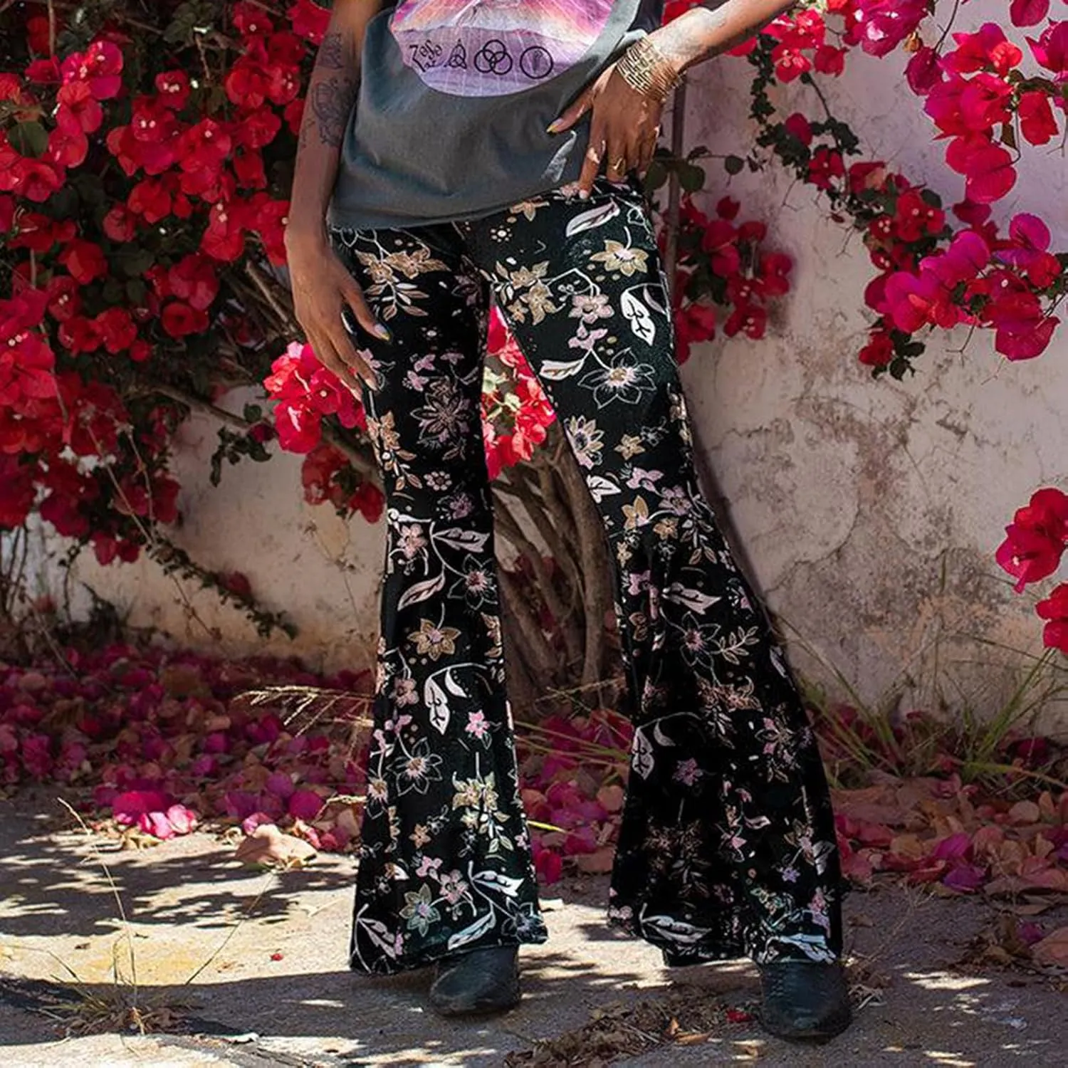 Women's Floral Print Elastic Waist Flare Pants Casual High Waist Slim Fit Long Pants Trousers Leggings Streetwear