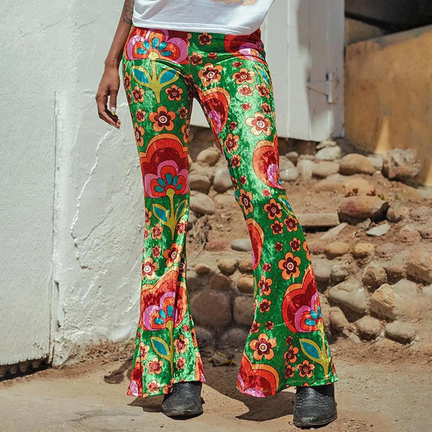 Women's Floral Print Elastic Waist Flare Pants Casual High Waist Slim Fit Long Pants Trousers Leggings Streetwear
