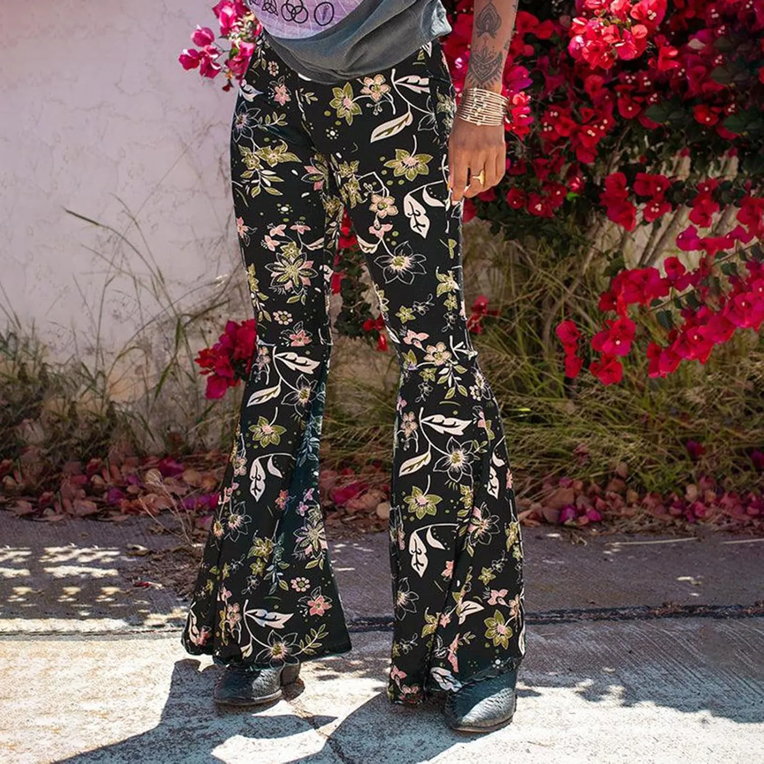 Women's Floral Print Elastic Waist Flare Pants Casual High Waist Slim Fit Long Pants Trousers Leggings Streetwear