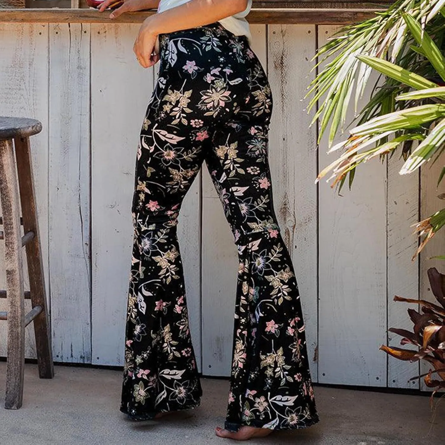 Women's Floral Print Elastic Waist Flare Pants Casual High Waist Slim Fit Long Pants Trousers Leggings Streetwear