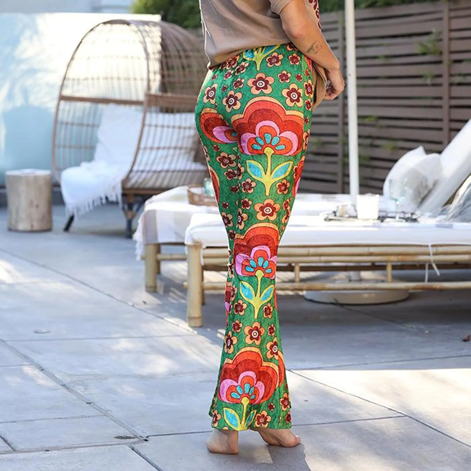 Women's Floral Print Elastic Waist Flare Pants Casual High Waist Slim Fit Long Pants Trousers Leggings Streetwear
