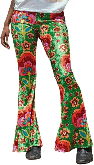Women's Floral Print Elastic Waist Flare Pants Casual High Waist Slim Fit Long Pants Trousers Leggings Streetwear