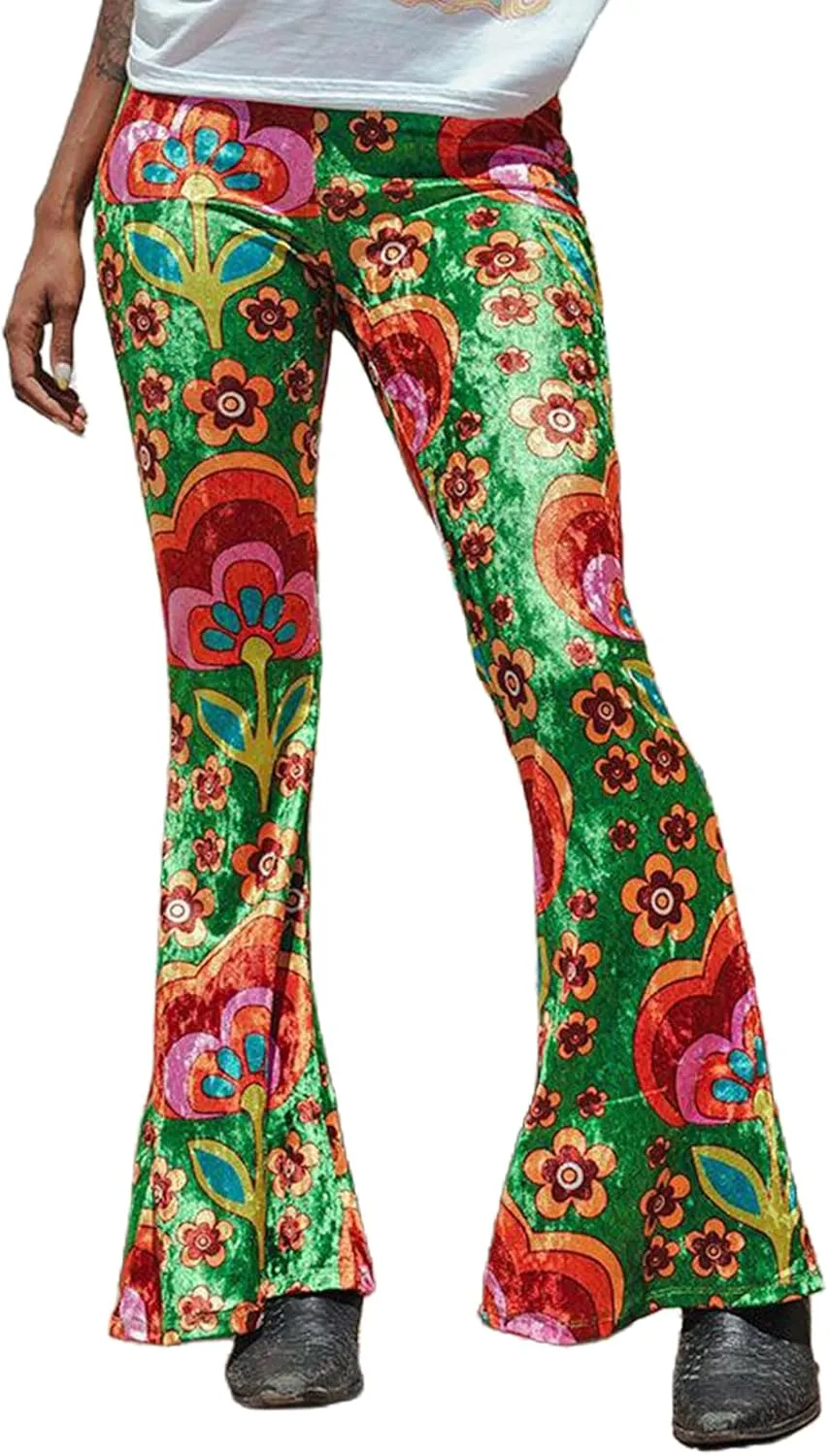 Women's Floral Print Elastic Waist Flare Pants Casual High Waist Slim Fit Long Pants Trousers Leggings Streetwear