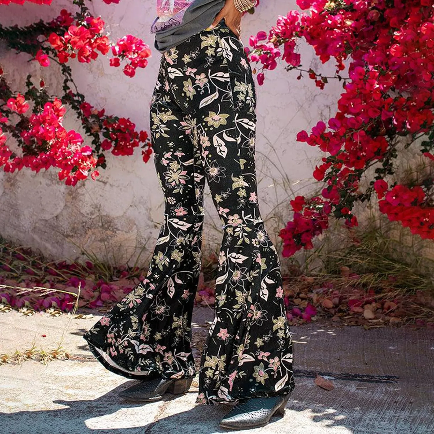 Women's Floral Print Elastic Waist Flare Pants Casual High Waist Slim Fit Long Pants Trousers Leggings Streetwear