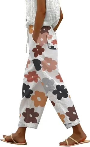 Womens Floral Prirted Linen Pants Summer Casual Boho Beach Straight Leg Crop Stretchy Trousers with Pockets