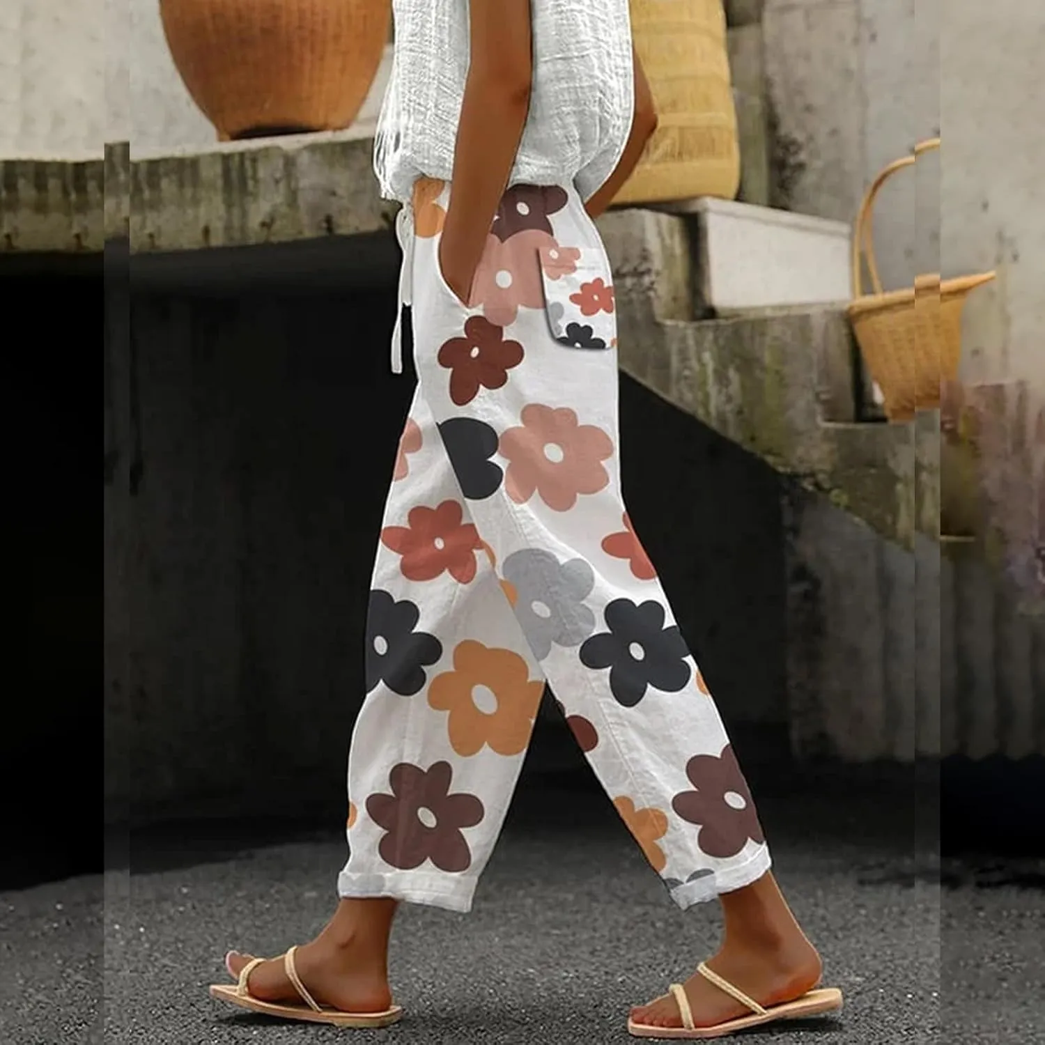 Womens Floral Prirted Linen Pants Summer Casual Boho Beach Straight Leg Crop Stretchy Trousers with Pockets
