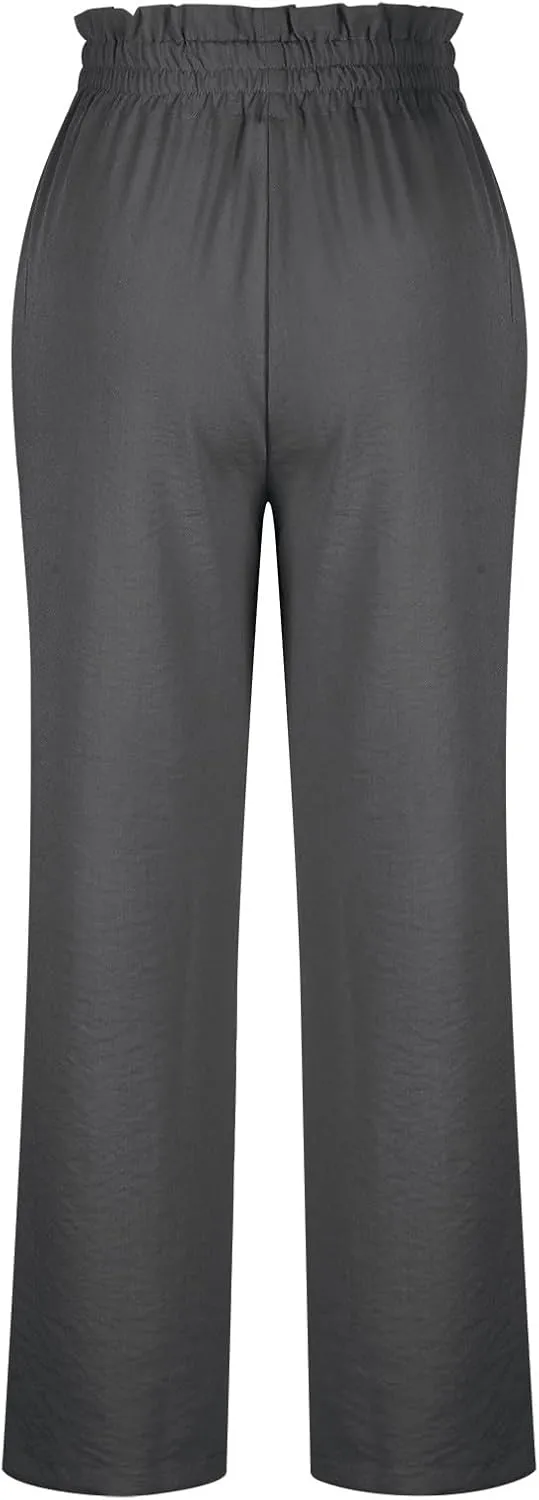 Women's Frill Paper Bag Pants Belted High Waist Straight Leg Trousers Casual Loose Fit Dressy Work Pant with Pockets