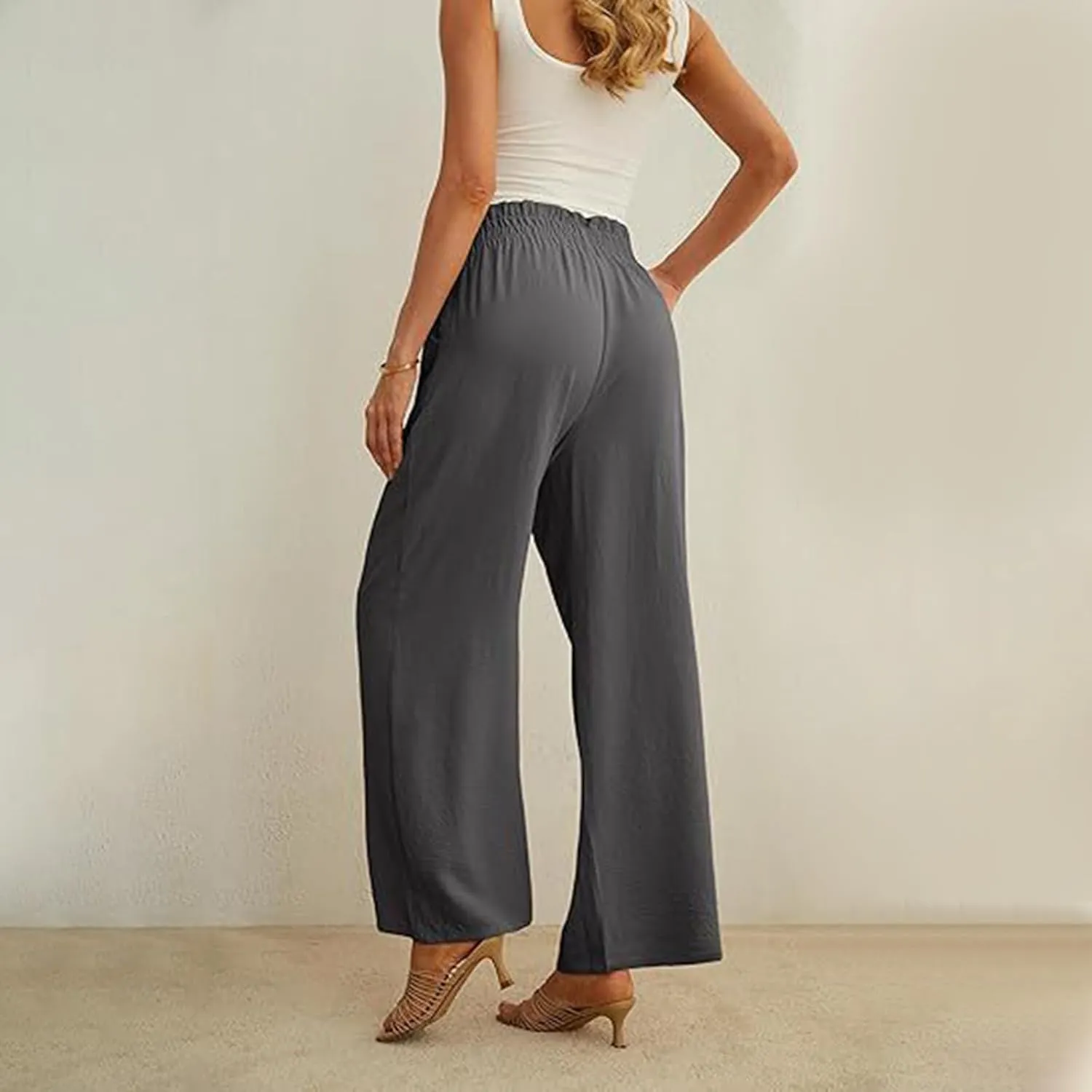 Women's Frill Paper Bag Pants Belted High Waist Straight Leg Trousers Casual Loose Fit Dressy Work Pant with Pockets