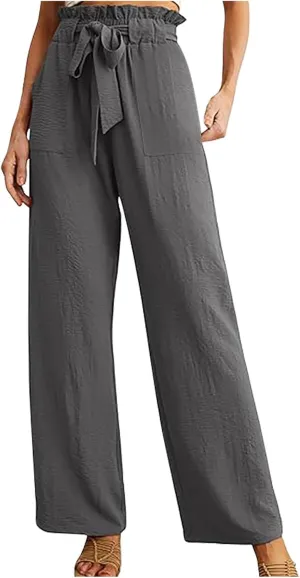 Women's Frill Paper Bag Pants Belted High Waist Straight Leg Trousers Casual Loose Fit Dressy Work Pant with Pockets