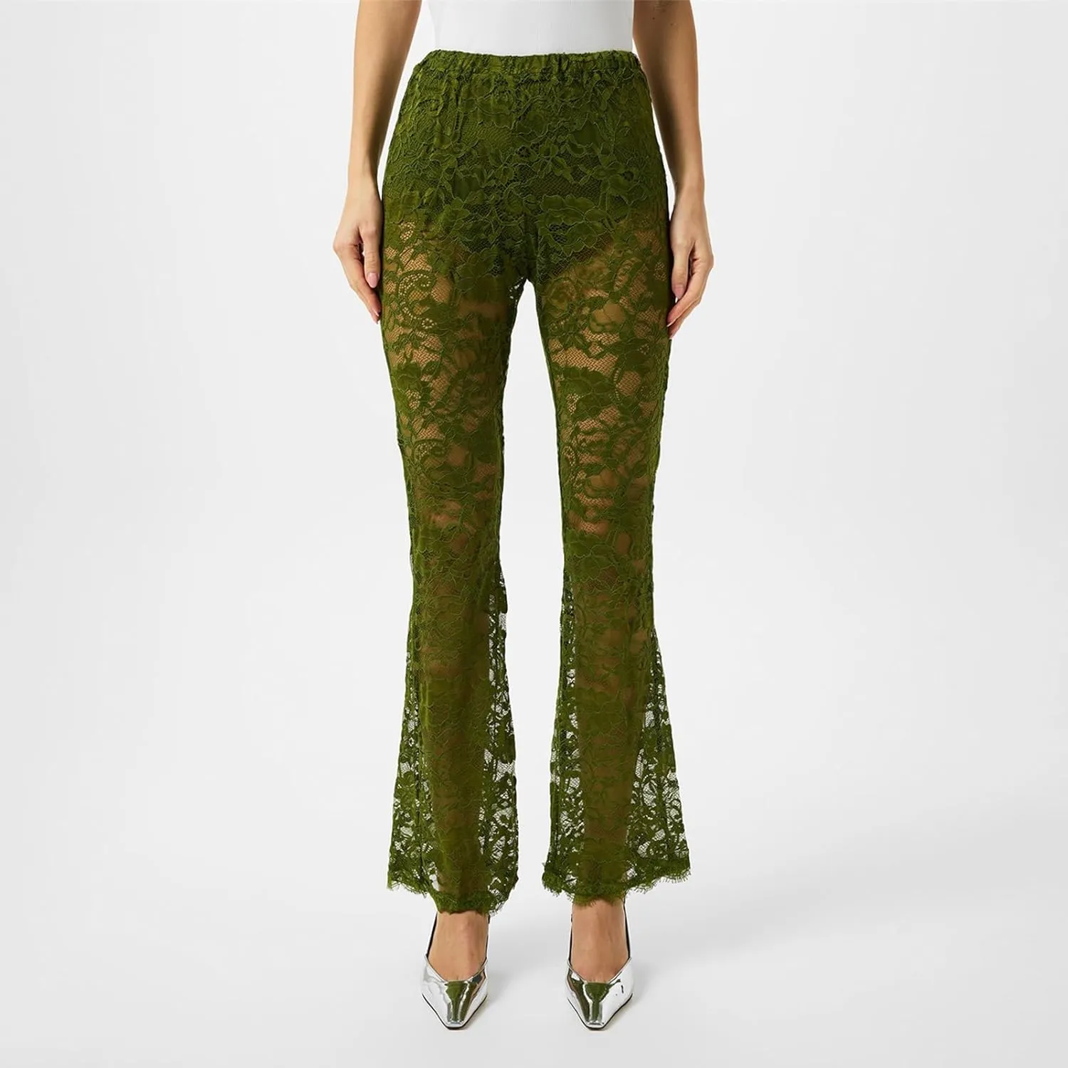 Womens High Waist Lace Sheer Mesh Pants Sexy See Through Flare Bell Trouser Y2K Wide Leg Club Grunge Bottoms