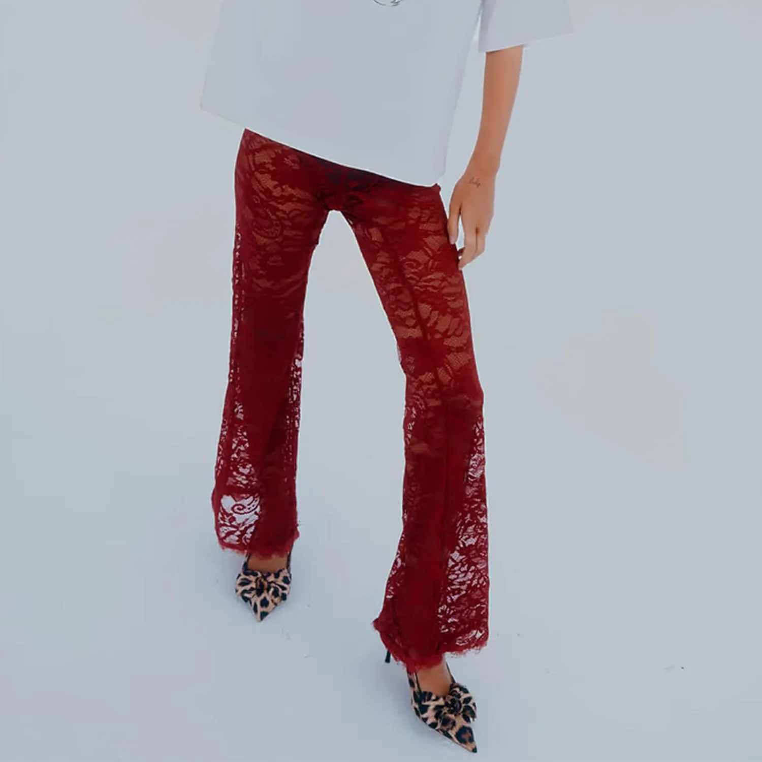 Womens High Waist Lace Sheer Mesh Pants Sexy See Through Flare Bell Trouser Y2K Wide Leg Club Grunge Bottoms