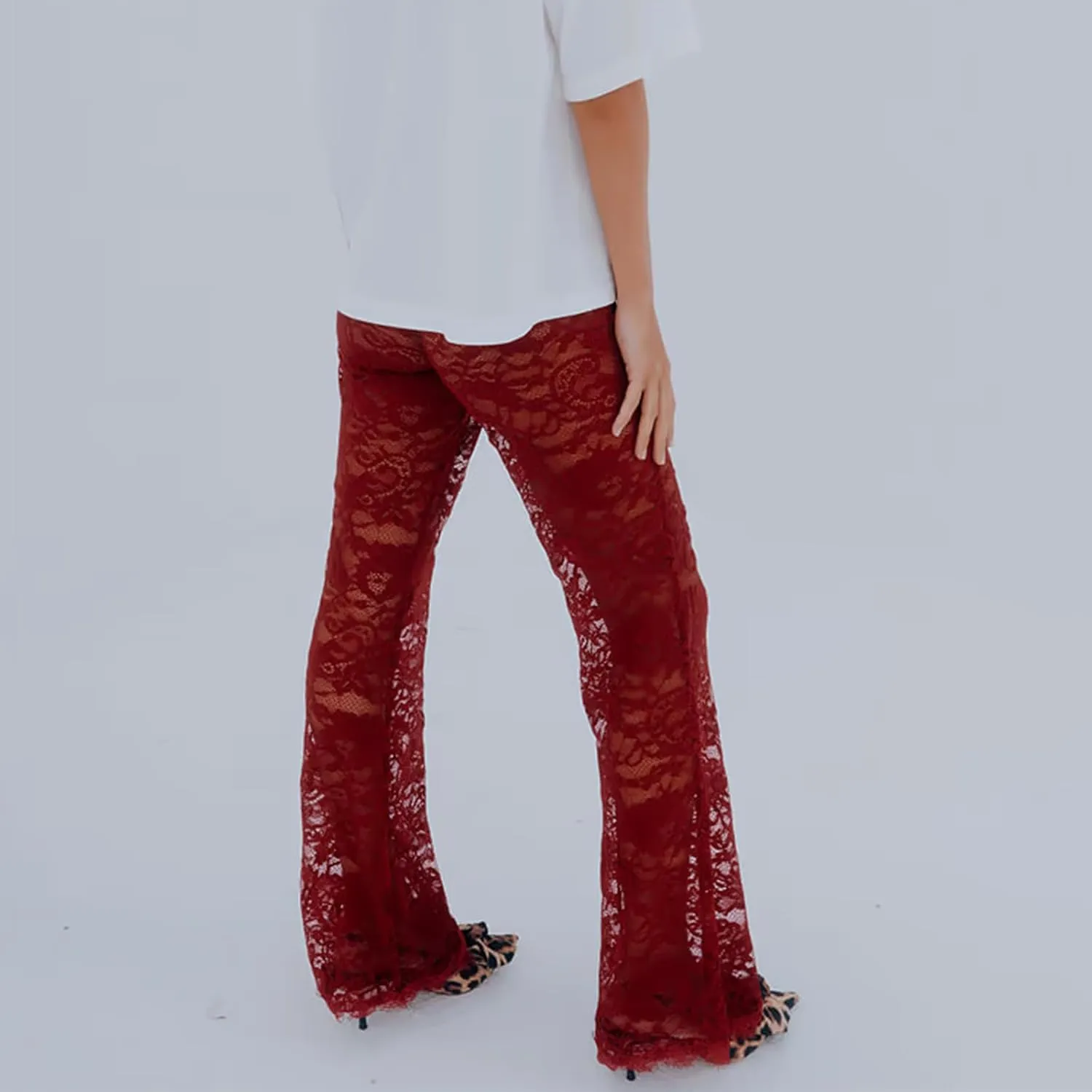 Womens High Waist Lace Sheer Mesh Pants Sexy See Through Flare Bell Trouser Y2K Wide Leg Club Grunge Bottoms