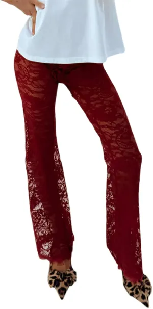 Womens High Waist Lace Sheer Mesh Pants Sexy See Through Flare Bell Trouser Y2K Wide Leg Club Grunge Bottoms