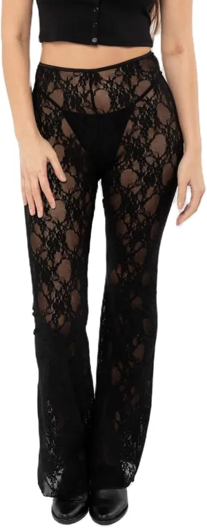 Womens High Waist Lace Sheer Mesh Pants Sexy See Through Flare Bell Trouser Y2K Wide Leg Club Grunge Bottoms