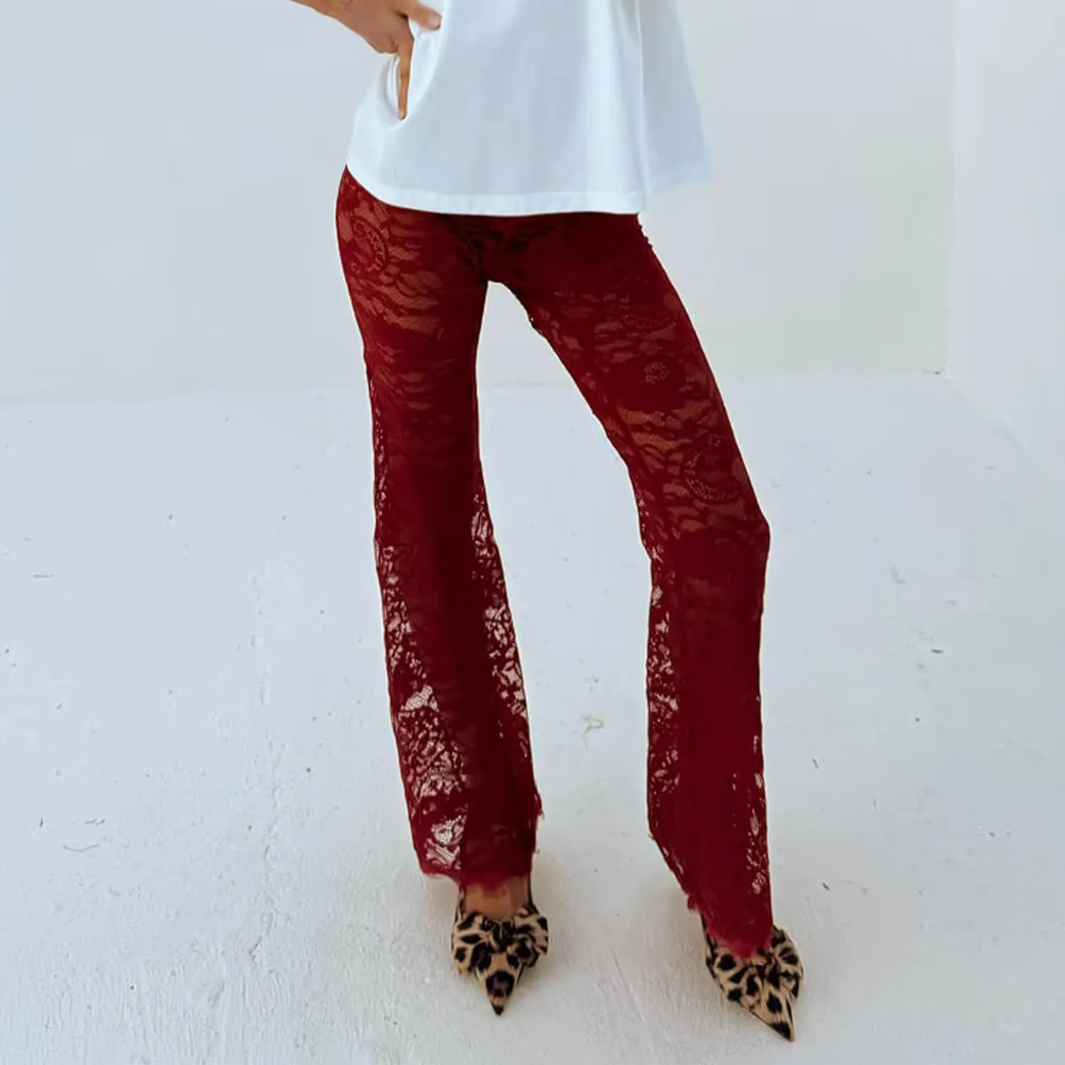 Womens High Waist Lace Sheer Mesh Pants Sexy See Through Flare Bell Trouser Y2K Wide Leg Club Grunge Bottoms