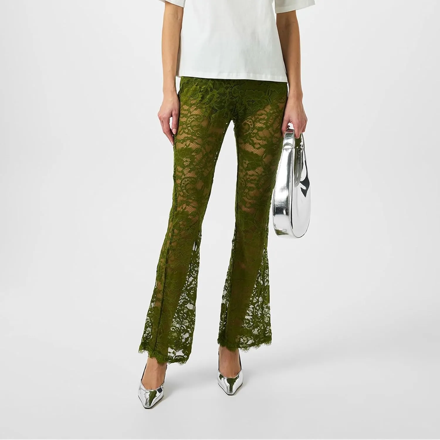 Womens High Waist Lace Sheer Mesh Pants Sexy See Through Flare Bell Trouser Y2K Wide Leg Club Grunge Bottoms