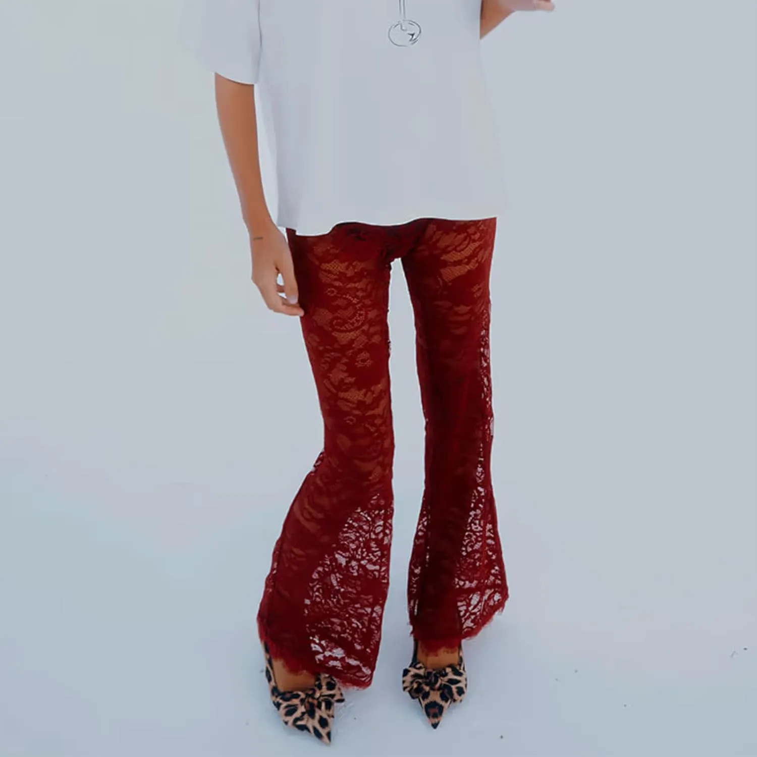Womens High Waist Lace Sheer Mesh Pants Sexy See Through Flare Bell Trouser Y2K Wide Leg Club Grunge Bottoms