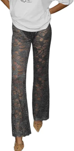 Womens High Waist Lace Sheer Mesh Pants Sexy See Through Flare Bell Trouser Y2K Wide Leg Club Grunge Bottoms