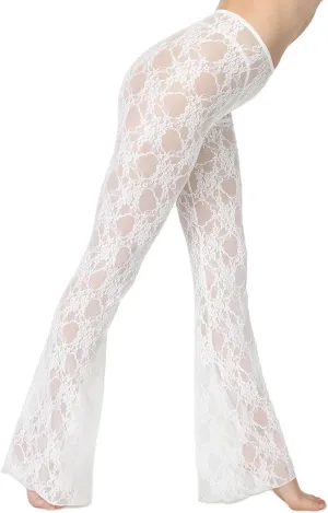 Womens High Waist Lace Sheer Mesh Pants Sexy See Through Flare Bell Trouser Y2K Wide Leg Club Grunge Bottoms