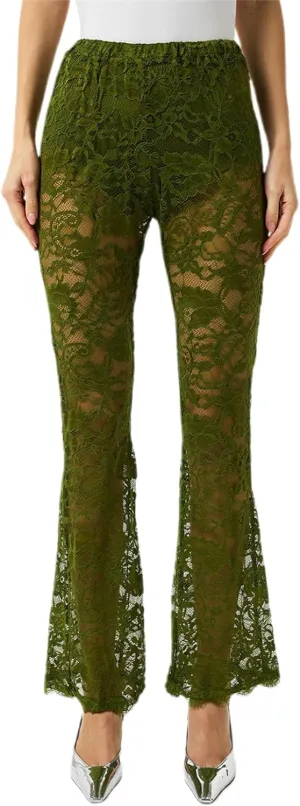 Womens High Waist Lace Sheer Mesh Pants Sexy See Through Flare Bell Trouser Y2K Wide Leg Club Grunge Bottoms