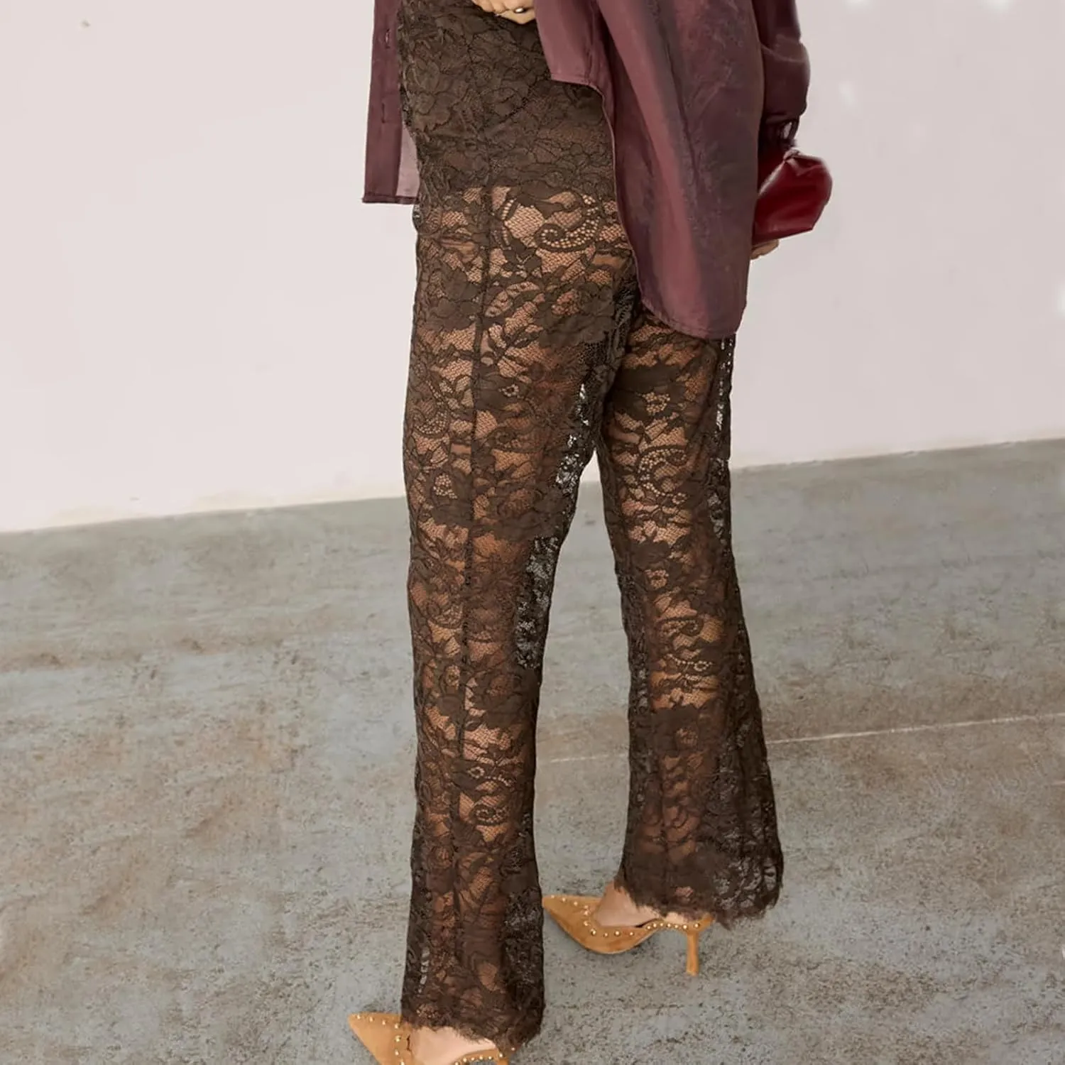 Womens High Waist Lace Sheer Mesh Pants Sexy See Through Flare Bell Trouser Y2K Wide Leg Club Grunge Bottoms