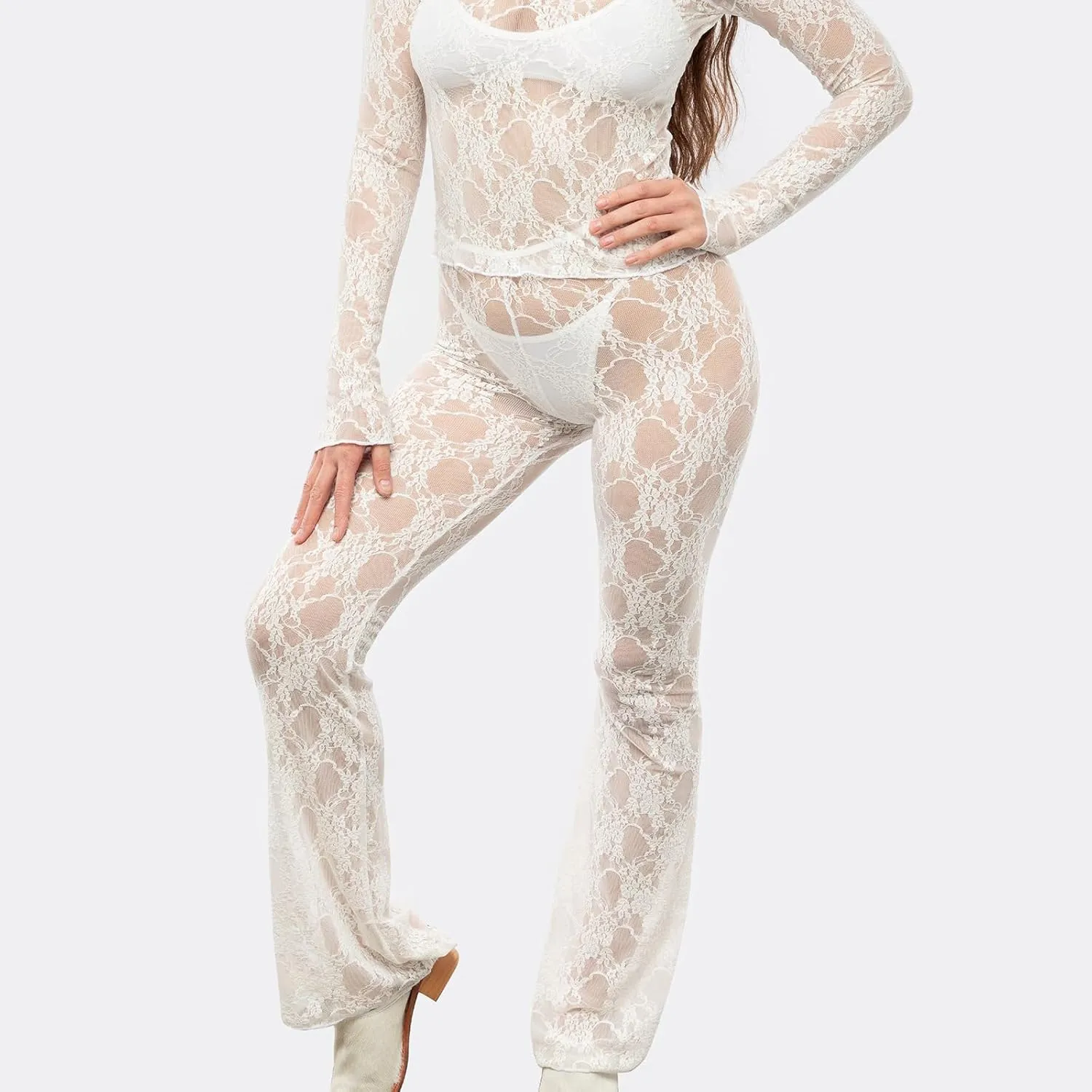 Womens High Waist Lace Sheer Mesh Pants Sexy See Through Flare Bell Trouser Y2K Wide Leg Club Grunge Bottoms