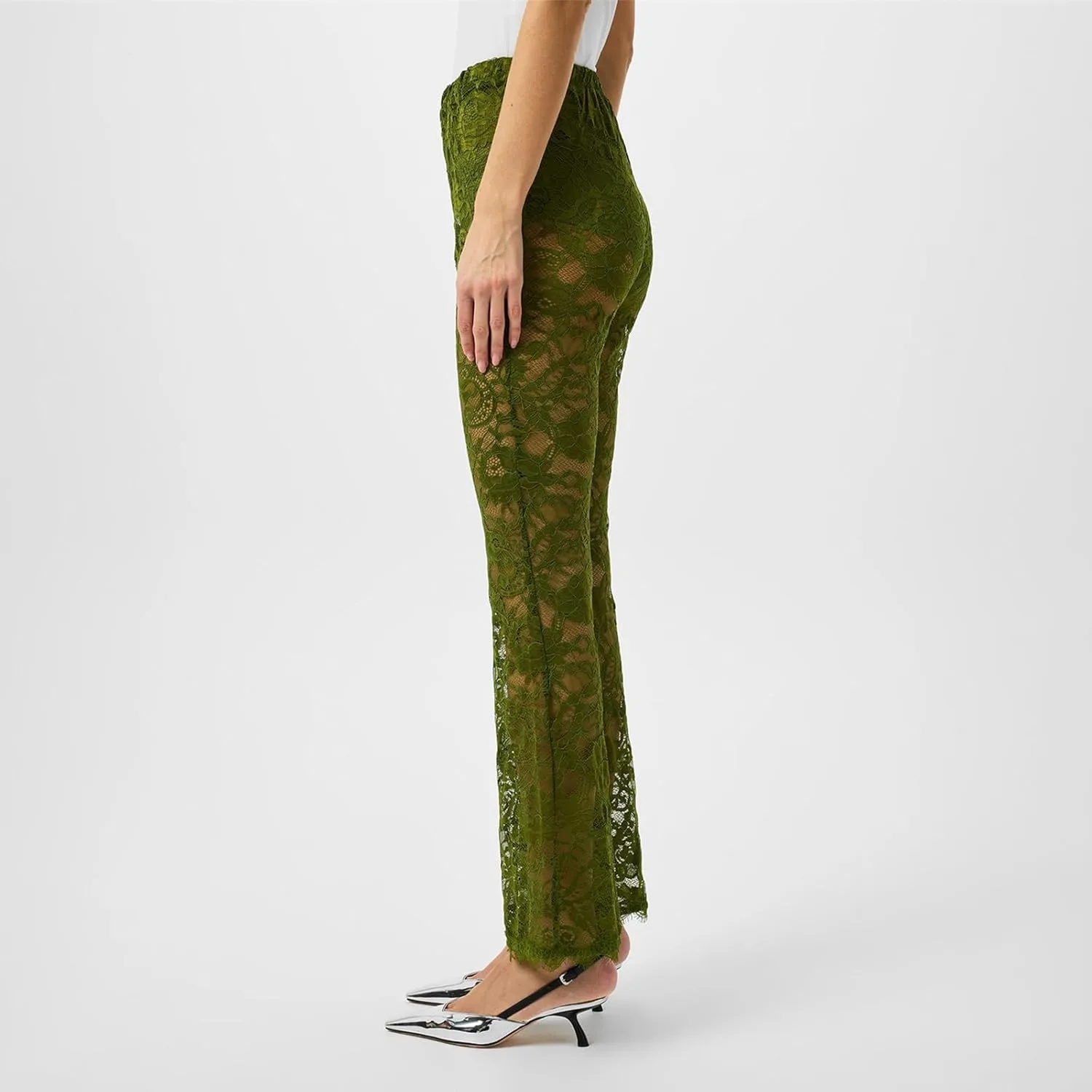 Womens High Waist Lace Sheer Mesh Pants Sexy See Through Flare Bell Trouser Y2K Wide Leg Club Grunge Bottoms