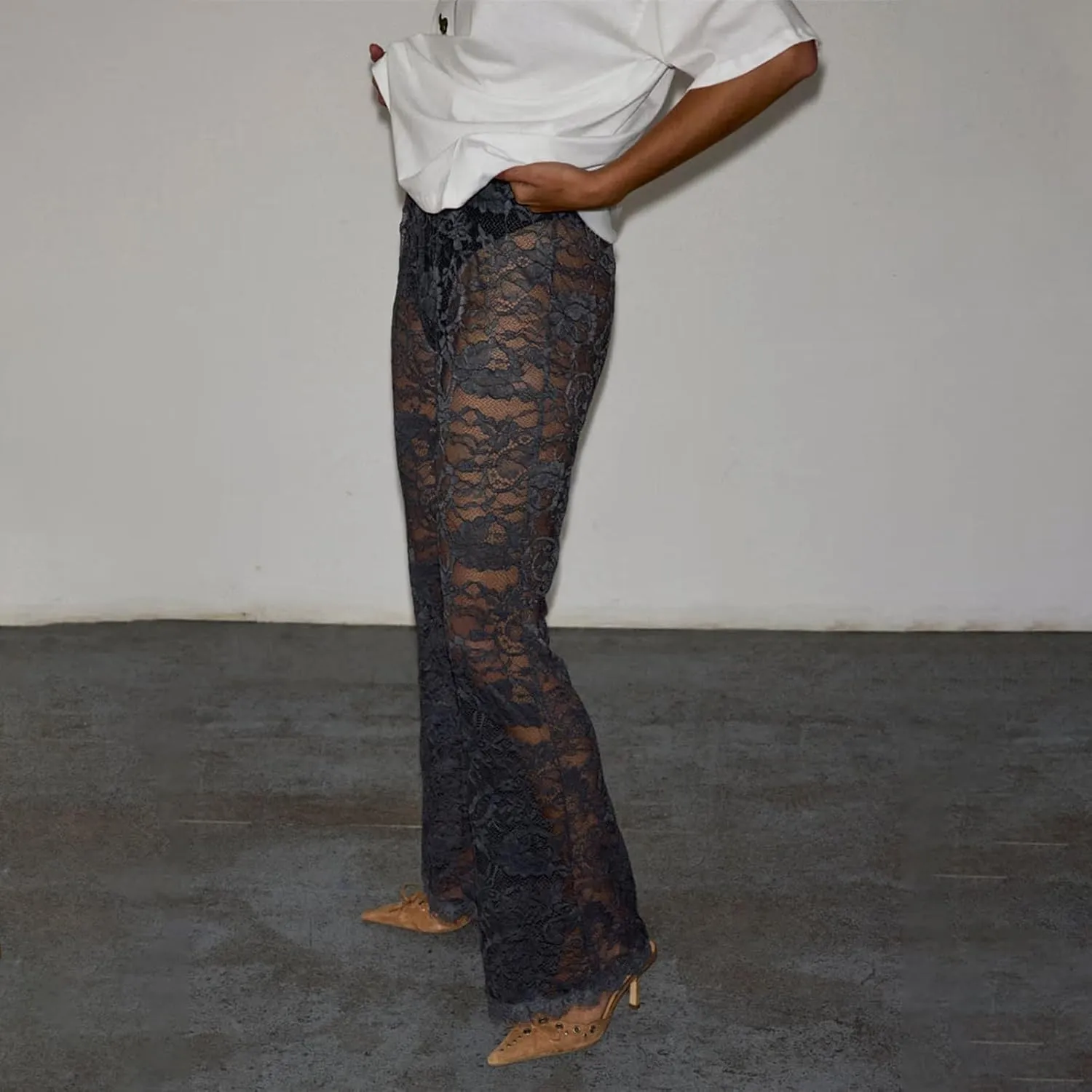 Womens High Waist Lace Sheer Mesh Pants Sexy See Through Flare Bell Trouser Y2K Wide Leg Club Grunge Bottoms