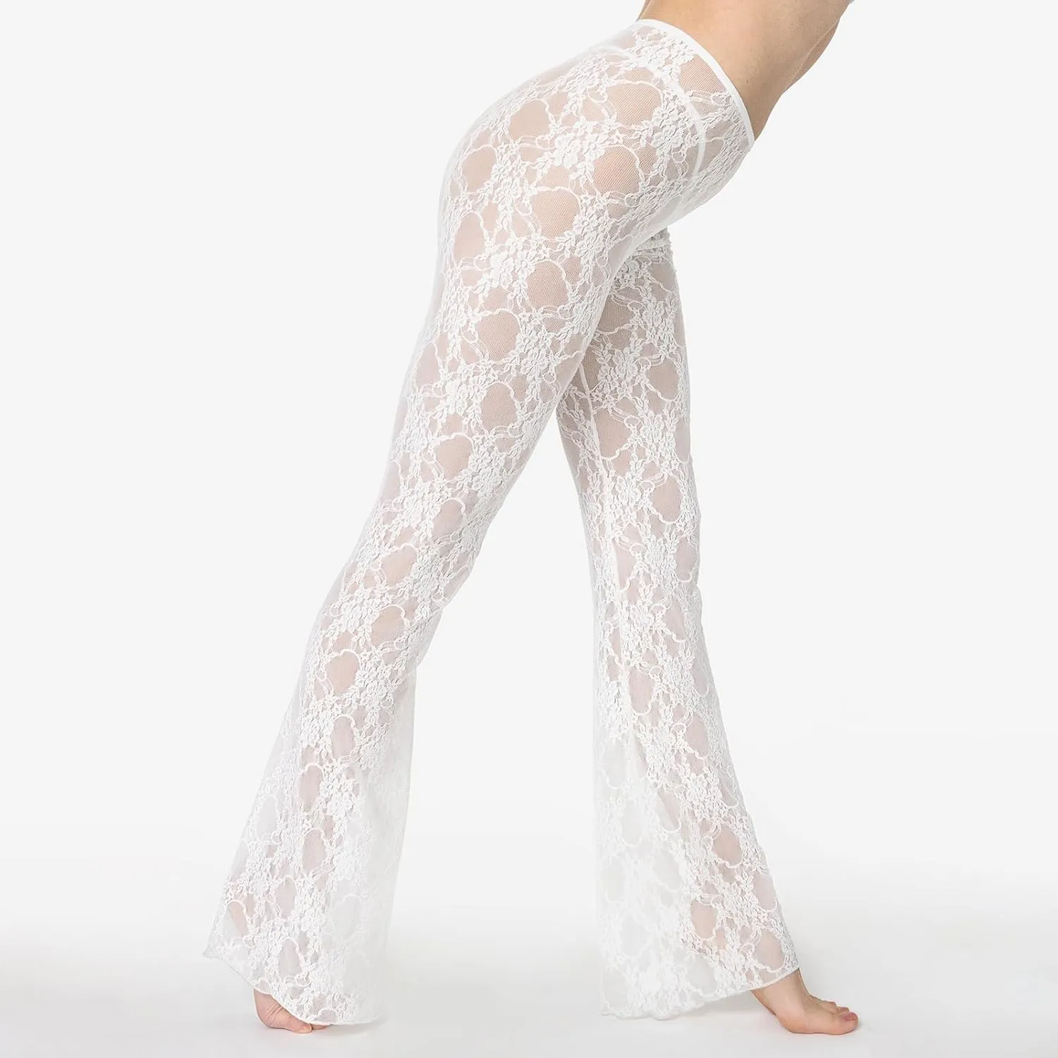 Womens High Waist Lace Sheer Mesh Pants Sexy See Through Flare Bell Trouser Y2K Wide Leg Club Grunge Bottoms