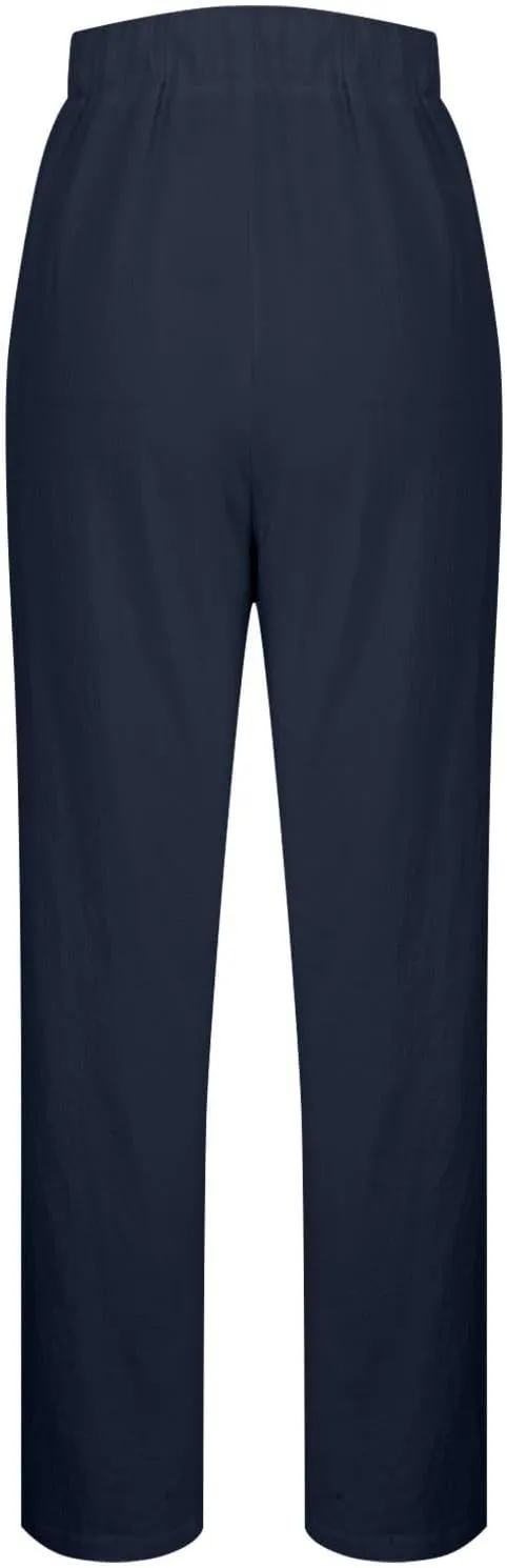 Womens High Waist Linen Pants Drawstring Elastic Waist Summer Casual Pants Loose Fit Lounge Trousers with Pockets