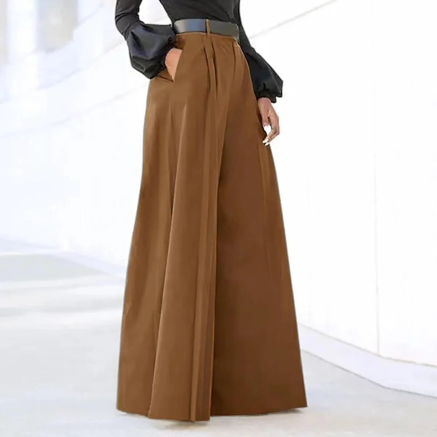 Womens High Waist Palazzo Pants Flowy Wide Leg Trousers Dressy Loose Work Office Business Pants with Pockets