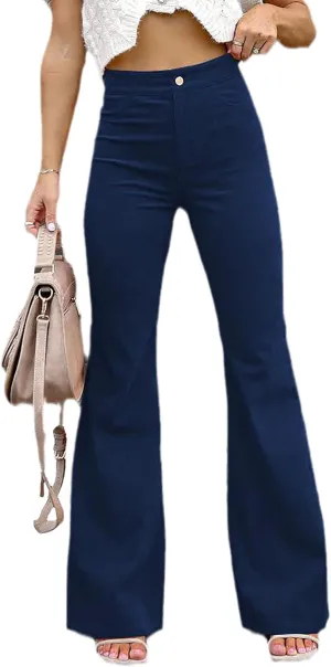 Women's High Waist Stretchy Corduroy Flare Pants Solid Color Casual Bell Bottom Trousers