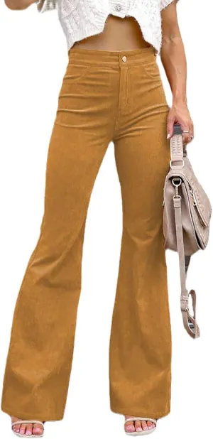 Women's High Waist Stretchy Corduroy Flare Pants Solid Color Casual Bell Bottom Trousers